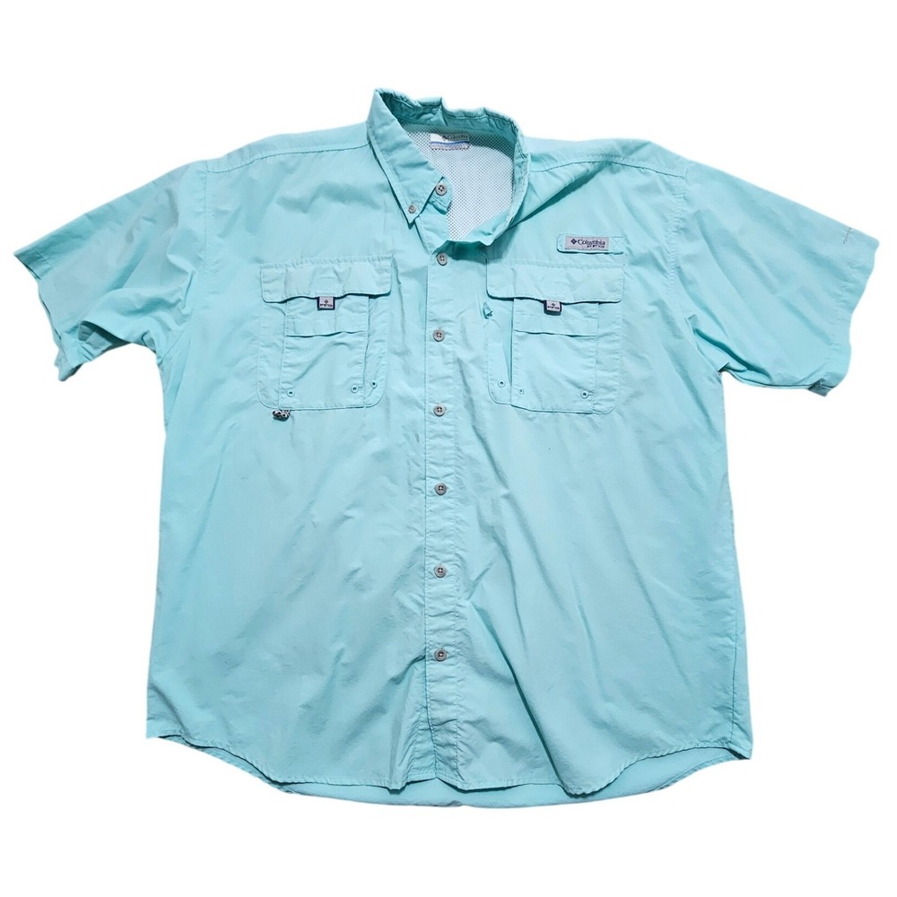 Columbia PFG Bahama II Mens Short Sleeve Fishing Shirt Aqua Blue FM7047 Large *